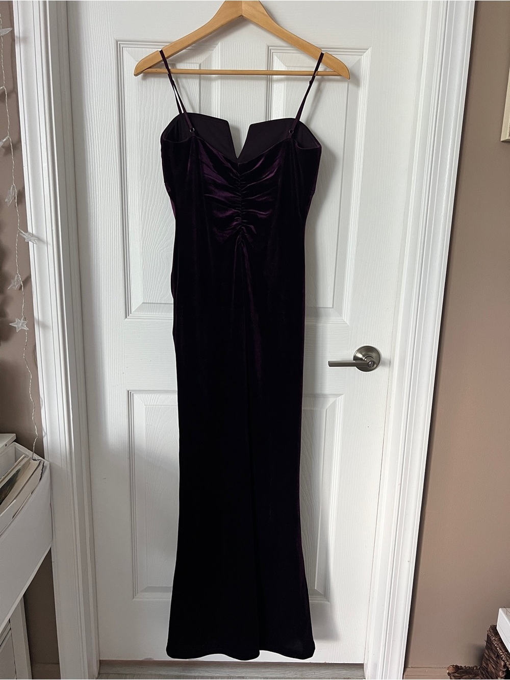 Emerald Sundae Velvet Spaghetti-Strap Maxi Dress in Deep Plum